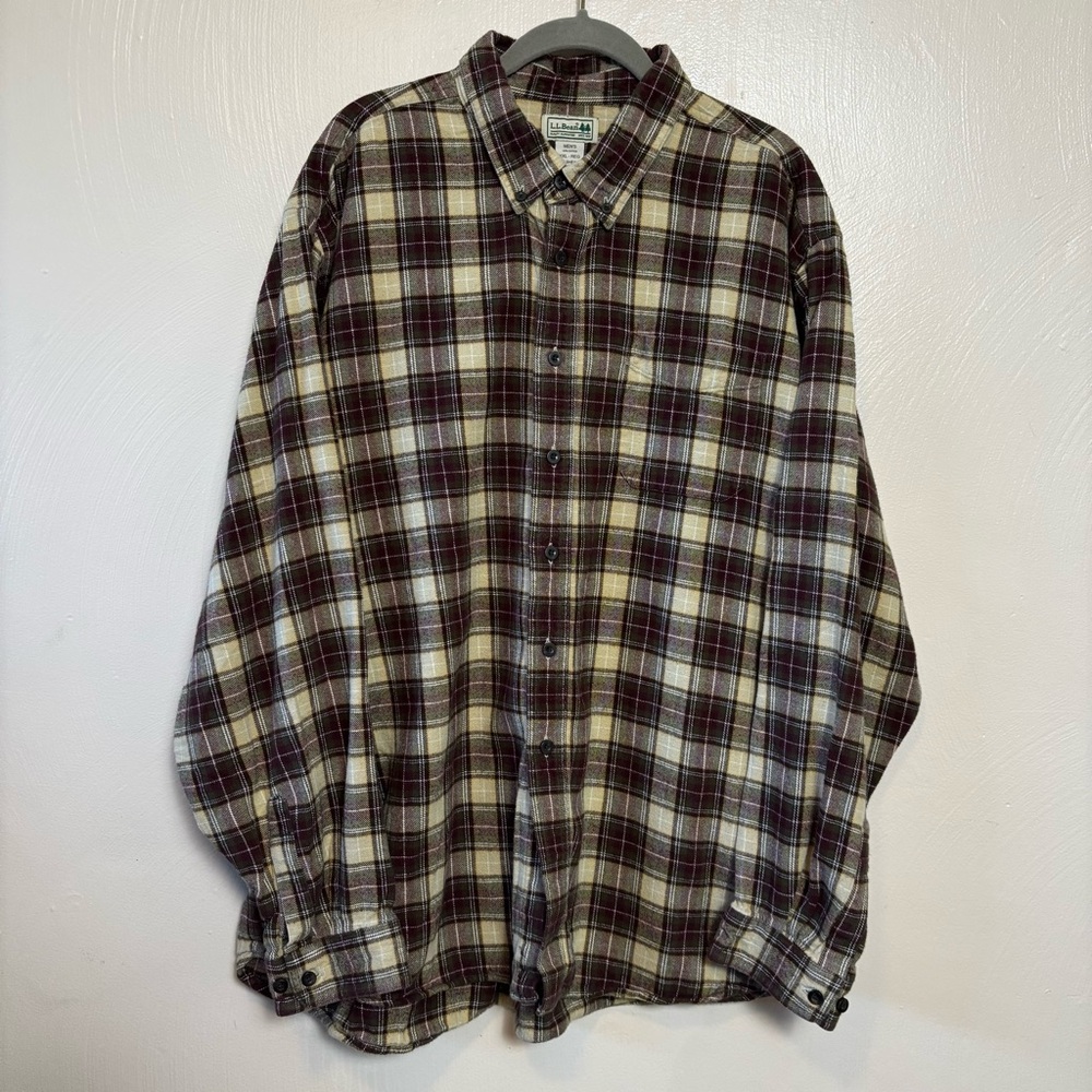 L.L. Bean Mens Shirt Flannel 100% Cotton Green Beige Plum Button Down Plaid  XXL
